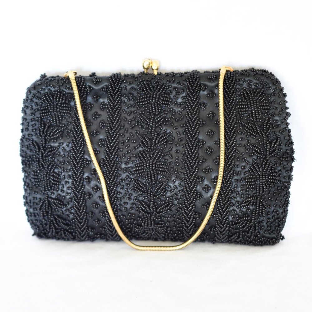 Goldco 1960's Black Hand Beaded Evening Bag With Gold Chain Handle